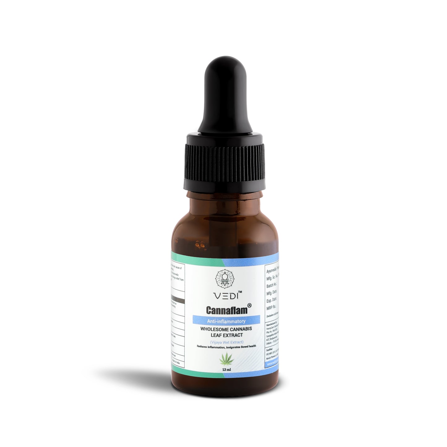 CANNAFLAM Oil by Vedi Herbals, labeled as a product that reduces inflammation and invigorates bowel health, placed on a white background.