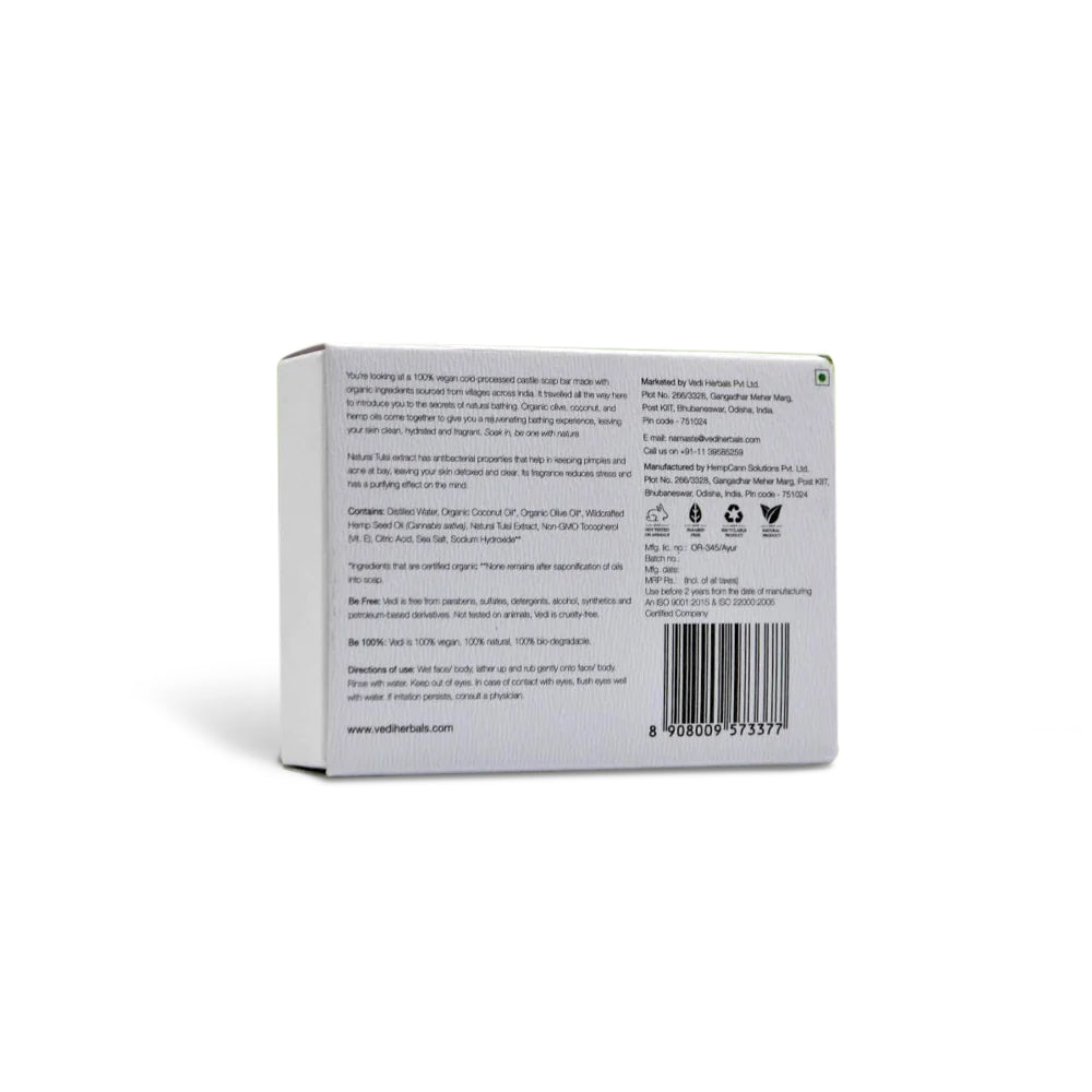 Organic Tulsi Castile Soap Bar with Hempseed Oil - Nourishes skin, reduces acne, and promotes skin health.