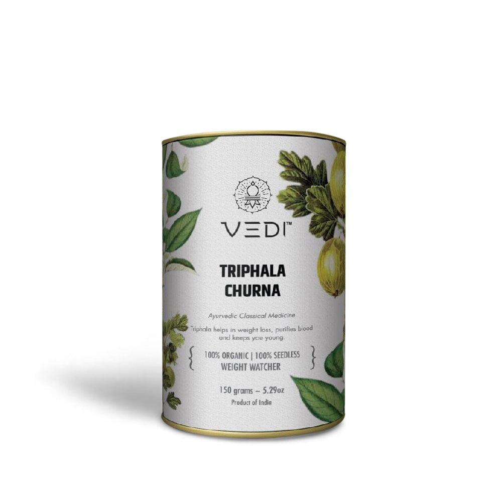Triphala Churna 100% Seedless, natural antioxidant with Gallic acid, Tannic acid, Syringic acid, and Epicatechin, supports digestion and boosts immunity.