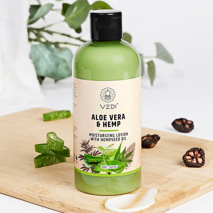 Aloe Vera & Hemp Moisturizing Lotion - Organic skincare with Omega-3 and Omega-6 fatty acids for radiant, healthy skin.