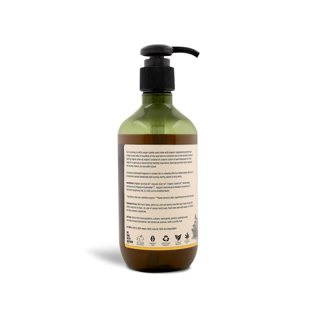 Cedarwood & Patchouli Hempseed Oil Liquid Castile Soap - Organic, free from harmful chemicals.