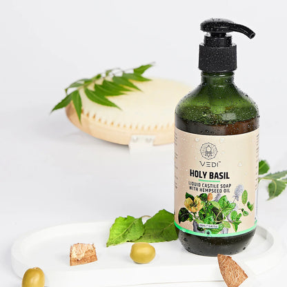 Holy Basil Liquid Castile Soap with Hempseed Oil - Organic and natural, gentle on skin.
