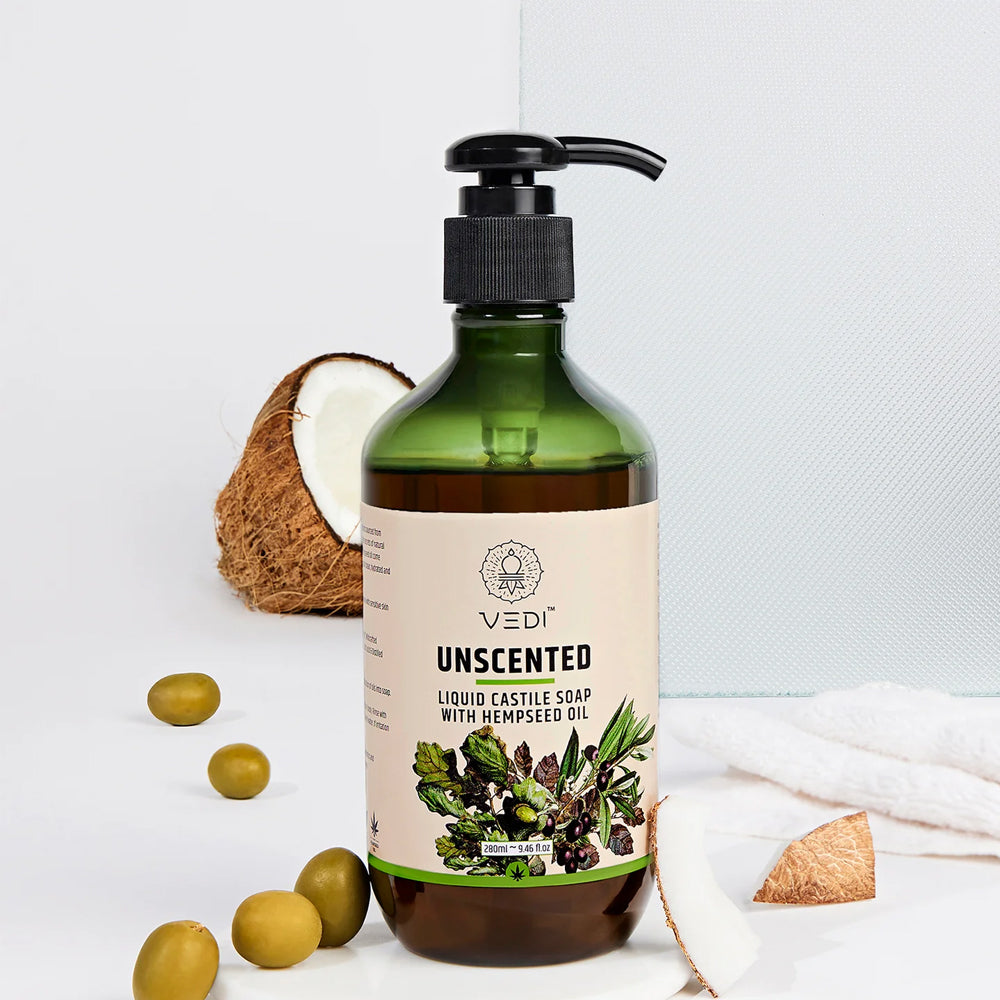 Organic Unscented Liquid Castile Soap with Hempseed Oil - Moisturizes gently, suitable for eczema, psoriasis, and acne-prone skin.